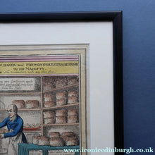 Load image into Gallery viewer, GEORGIAN PRINT. Satirical Print. Loaves and Fishes. Published 1827. Hand Coloured Etching. FRAMED
