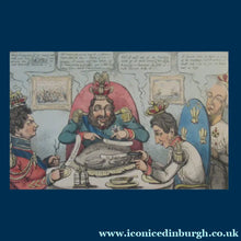 Load image into Gallery viewer, Antique GEORGIAN Satirical Print: The Allied Gourmands Taking a Luncheon; or the Turkey in Danger (1828)
