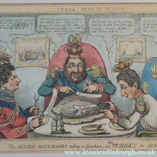 Load image into Gallery viewer, Antique GEORGIAN Satirical Print: The Allied Gourmands Taking a Luncheon; or the Turkey in Danger (1828)

