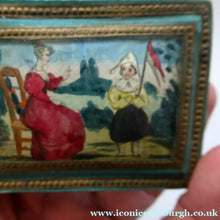 Load image into Gallery viewer, 1830s Continental Trinket Box; with quirky painting on the lid &amp; antique mirror inside
