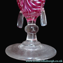 Load image into Gallery viewer, Antique Cranberry Nailsea Glass Bellows Flask Bottle

