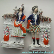Load image into Gallery viewer, Large Matching Pair Staffordshire Figurines. Man and Woman at a Well with Goats. Antique 1860s
