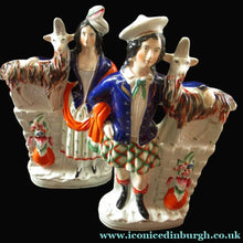 Load image into Gallery viewer, Large Matching Pair Staffordshire Figurines. Man and Woman at a Well with Goats. Antique 1860s
