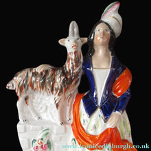 Load image into Gallery viewer, Large Matching Pair Staffordshire Figurines. Man and Woman at a Well with Goats. Antique 1860s
