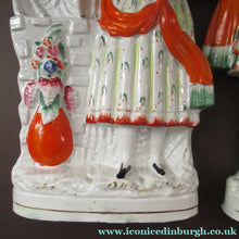 Load image into Gallery viewer, Large Matching Pair Staffordshire Figurines. Man and Woman at a Well with Goats. Antique 1860s
