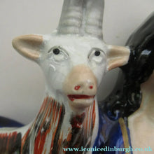 Load image into Gallery viewer, Large Matching Pair Staffordshire Figurines. Man and Woman at a Well with Goats. Antique 1860s
