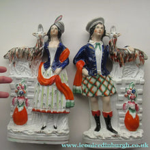 Load image into Gallery viewer, Large Matching Pair Staffordshire Figurines. Man and Woman at a Well with Goats. Antique 1860s
