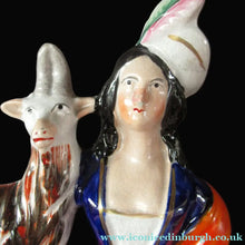 Load image into Gallery viewer, Large Matching Pair Staffordshire Figurines. Man and Woman at a Well with Goats. Antique 1860s

