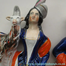 Load image into Gallery viewer, Large Matching Pair Staffordshire Figurines. Man and Woman at a Well with Goats. Antique 1860s
