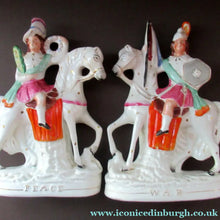 Load image into Gallery viewer, Genuine ANTIQUE Pair of 19th Century Staffordshire Figures Representing War and Peace; c 1870

