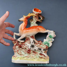Load image into Gallery viewer, ANTIQUE 1870s Staffordshire Figurine. A Leaping Stag &amp; Dog Spill Vase; Possibly by Sampson Smith

