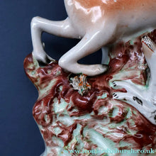 Load image into Gallery viewer, ANTIQUE 1870s Staffordshire Figurine. A Leaping Stag &amp; Dog Spill Vase; Possibly by Sampson Smith
