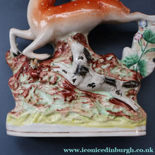 Load image into Gallery viewer, ANTIQUE 1870s Staffordshire Figurine. A Leaping Stag &amp; Dog Spill Vase; Possibly by Sampson Smith
