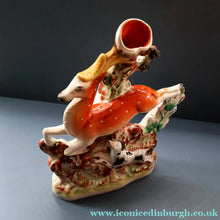 Load image into Gallery viewer, ANTIQUE 1870s Staffordshire Figurine. A Leaping Stag &amp; Dog Spill Vase; Possibly by Sampson Smith
