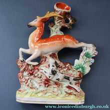 Load image into Gallery viewer, ANTIQUE 1870s Staffordshire Figurine. A Leaping Stag &amp; Dog Spill Vase; Possibly by Sampson Smith
