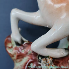 Load image into Gallery viewer, ANTIQUE 1870s Staffordshire Figurine. A Leaping Stag &amp; Dog Spill Vase; Possibly by Sampson Smith
