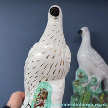 Load image into Gallery viewer, PAIR of Antique 1870s STAFFORDSHIRE Chimney Ornaments of Birds Perched on Mossy Banks
