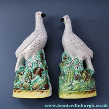 Load image into Gallery viewer, PAIR of Antique 1870s STAFFORDSHIRE Chimney Ornaments of Birds Perched on Mossy Banks
