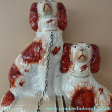 Load image into Gallery viewer, Antique Staffordshire King Charles Spaniel Dogs Sitting on Top of a Barrel. Genuine Victorian Figurine
