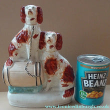 Load image into Gallery viewer, Antique Staffordshire King Charles Spaniel Dogs Sitting on Top of a Barrel. Genuine Victorian Figurine
