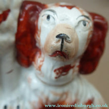Load image into Gallery viewer, Antique Staffordshire King Charles Spaniel Dogs Sitting on Top of a Barrel. Genuine Victorian Figurine
