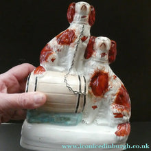 Load image into Gallery viewer, Antique Staffordshire King Charles Spaniel Dogs Sitting on Top of a Barrel. Genuine Victorian Figurine

