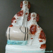Load image into Gallery viewer, Antique Staffordshire King Charles Spaniel Dogs Sitting on Top of a Barrel. Genuine Victorian Figurine
