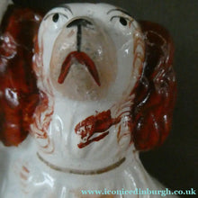Load image into Gallery viewer, Antique Staffordshire King Charles Spaniel Dogs Sitting on Top of a Barrel. Genuine Victorian Figurine
