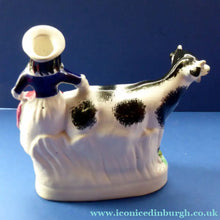 Load image into Gallery viewer, Fabulous 1880s Genuine ANTIQUE STAFFORDSHIRE Flatback Figurine / Cow Creamer. Woman and Cow

