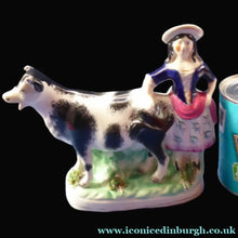 Load image into Gallery viewer, Fabulous 1880s Genuine ANTIQUE STAFFORDSHIRE Flatback Figurine / Cow Creamer. Woman and Cow
