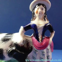 Load image into Gallery viewer, Fabulous 1880s Genuine ANTIQUE STAFFORDSHIRE Flatback Figurine / Cow Creamer. Woman and Cow
