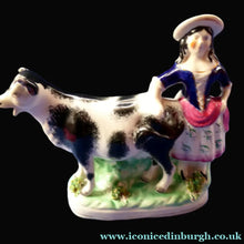 Load image into Gallery viewer, Fabulous 1880s Genuine ANTIQUE STAFFORDSHIRE Flatback Figurine / Cow Creamer. Woman and Cow
