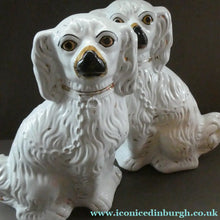 Load image into Gallery viewer, Antique Pair of Staffordshire Chimney Spaniels or Wally Dogs. 11 inches. Yellow Eyes
