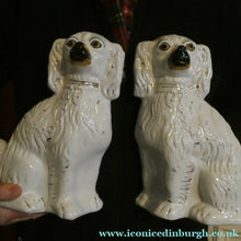 Load image into Gallery viewer, Antique Pair of Staffordshire Chimney Spaniels or Wally Dogs. 11 inches. Yellow Eyes
