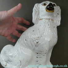 Load image into Gallery viewer, Antique Pair of Staffordshire Chimney Spaniels or Wally Dogs. 11 inches. Yellow Eyes

