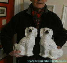 Load image into Gallery viewer, Antique Pair of Staffordshire Chimney Spaniels or Wally Dogs. 11 inches. Yellow Eyes
