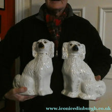 Load image into Gallery viewer, Antique Pair of Staffordshire Chimney Spaniels or Wally Dogs. 11 inches. Yellow Eyes

