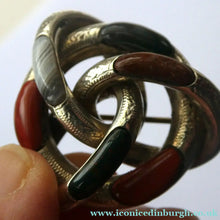Load image into Gallery viewer, 1880s SCOTTISH SILVER: Victorian Lover's Knot Brooch with Inset Specimen Agates
