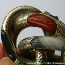 Load image into Gallery viewer, 1880s SCOTTISH SILVER: Victorian Lover's Knot Brooch with Inset Specimen Agates
