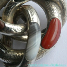 Load image into Gallery viewer, 1880s SCOTTISH SILVER: Victorian Lover's Knot Brooch with Inset Specimen Agates
