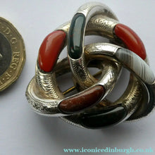 Load image into Gallery viewer, 1880s SCOTTISH SILVER: Victorian Lover's Knot Brooch with Inset Specimen Agates
