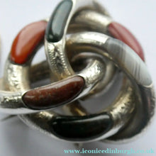 Load image into Gallery viewer, 1880s SCOTTISH SILVER: Victorian Lover's Knot Brooch with Inset Specimen Agates
