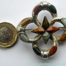 Load image into Gallery viewer, 1880s SCOTTISH SILVER: Victorian Quatrefoil Shape and Raised Star Brooch with Inset Specimen Agates

