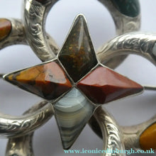 Load image into Gallery viewer, 1880s SCOTTISH SILVER: Victorian Quatrefoil Shape and Raised Star Brooch with Inset Specimen Agates

