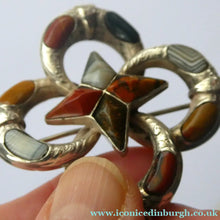 Load image into Gallery viewer, 1880s SCOTTISH SILVER: Victorian Quatrefoil Shape and Raised Star Brooch with Inset Specimen Agates
