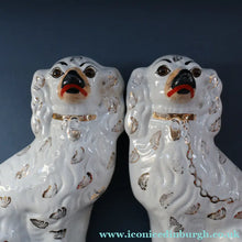 Load image into Gallery viewer, 1880s Victorian Staffordshire Dogs Chimney Spaniels / Wally Dugs. Brown Glass Eyes. 11 1/4 inches - Staffordshire Figure
