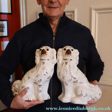 Load image into Gallery viewer, 1880s Victorian Staffordshire Dogs Chimney Spaniels / Wally Dugs. Brown Glass Eyes. 11 1/4 inches - Staffordshire Figure
