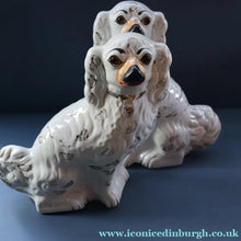Load image into Gallery viewer, 1880s Victorian Staffordshire Dogs Chimney Spaniels / Wally Dugs. Brown Glass Eyes. 11 1/4 inches - Staffordshire Figure
