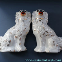 Load image into Gallery viewer, 1880s Victorian Staffordshire Dogs Chimney Spaniels / Wally Dugs. Brown Glass Eyes. 11 1/4 inches - Staffordshire Figure
