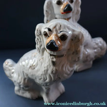 Load image into Gallery viewer, 1880s Victorian Staffordshire Dogs Chimney Spaniels / Wally Dugs. Brown Glass Eyes. 11 1/4 inches - Staffordshire Figure
